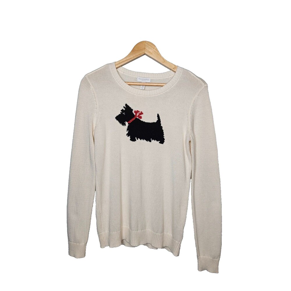 Charter Club Scotty Dog Crewneck Sweater Women Medium Petite Ivory Holiday